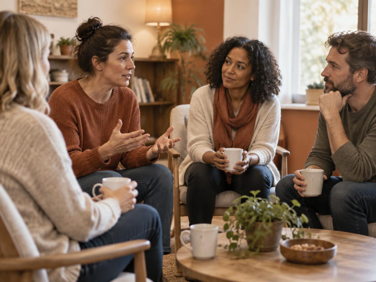 Ouders in gesprek met elkaar tijdens een bijeenkomst van De Ouders vzw